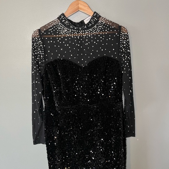FAERIESTY Velvet Mesh Long Sleeve Sequin Pearl Embellished Maxi Ballgown - Picture 5 of 13